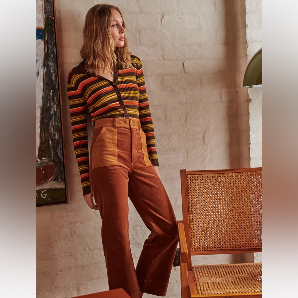 Corduroy High-Waist Patch Front Pants - Brown - Picture 2 of 13